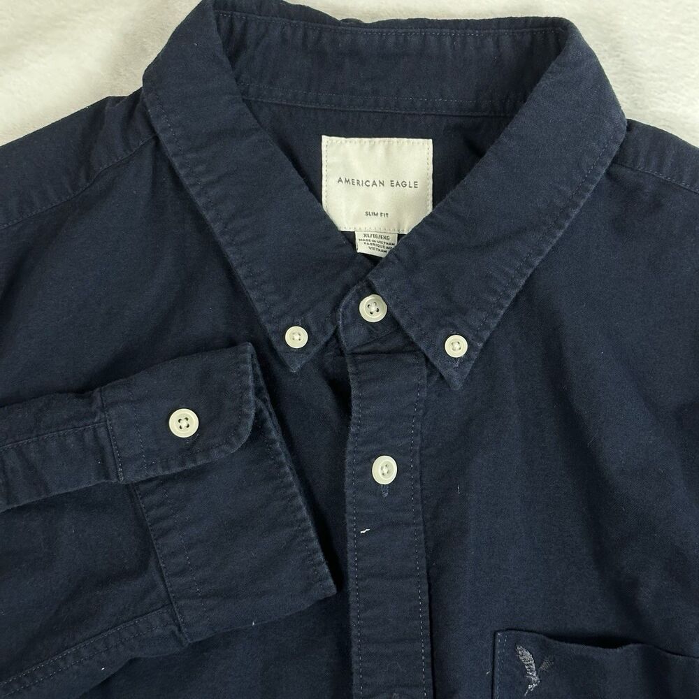 American Eagle Button Up Shirt Mens XL Slim Fit Navy Blue Long Sleeve Casual